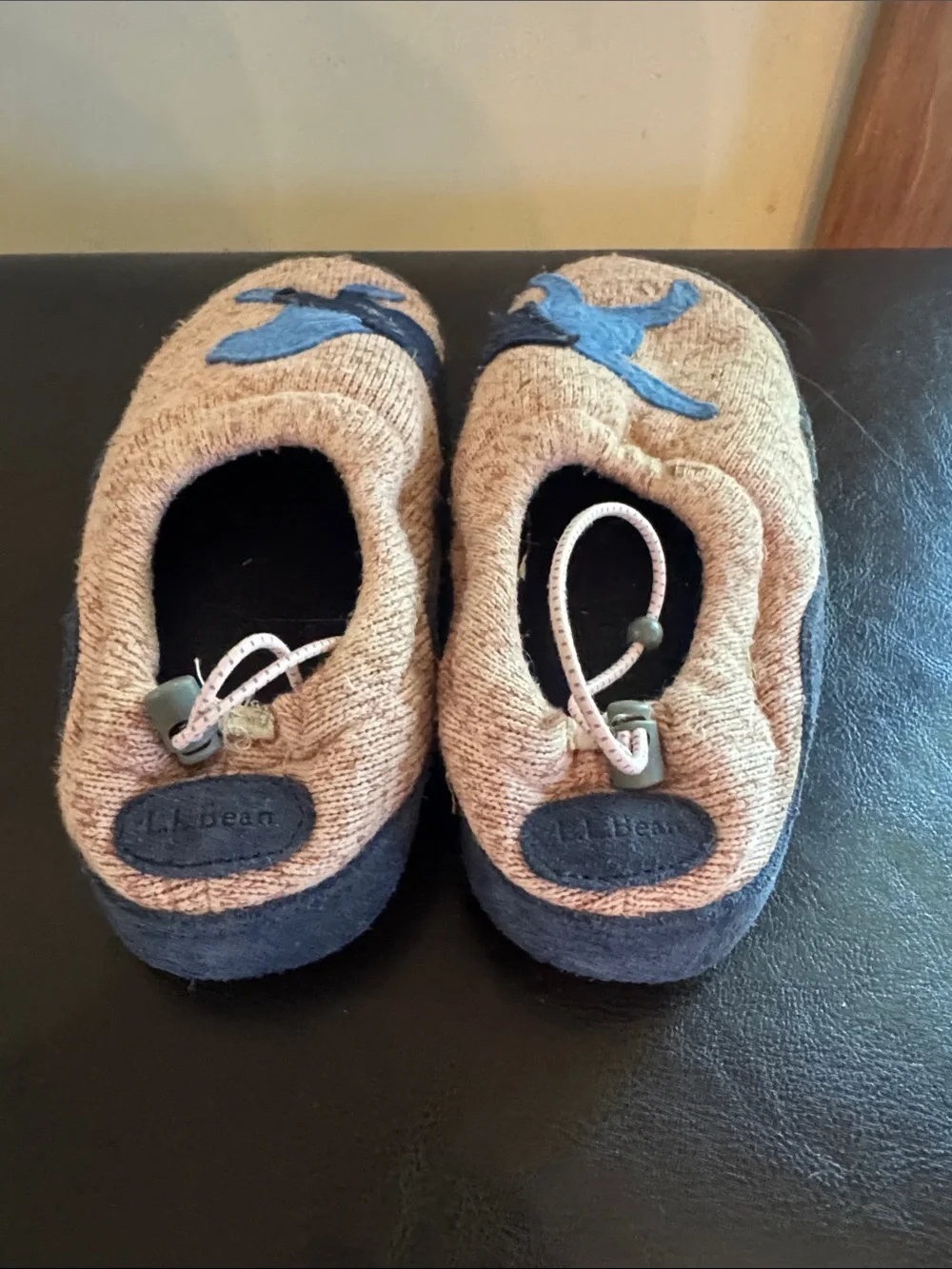 L.L. Bean Kids Brown Slip-On Slippers with Blue Dog Appliqué